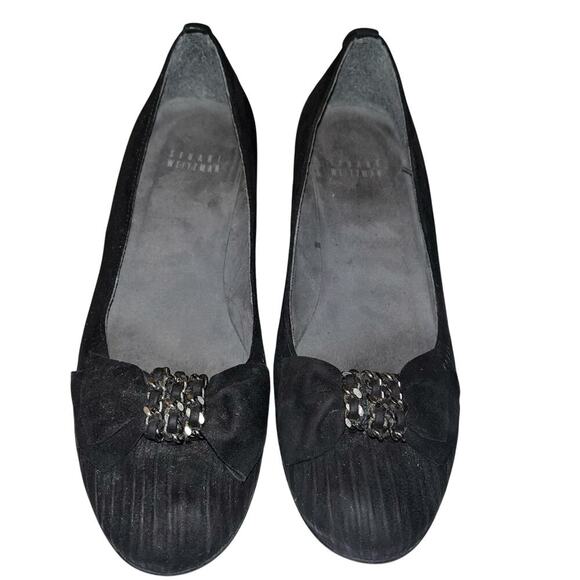 Stuart Weitzman Black Suede Chain Bow & Pleats Wedge Heel Size 5.5 - Picture 2 of 8